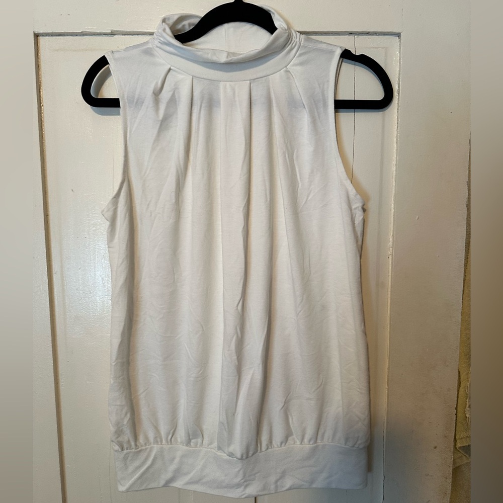 Zenana Premium Pleated Blouson High Neck Turtleneck White Sleeveless Top